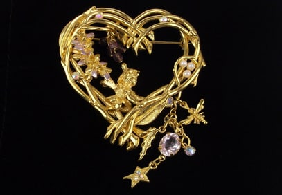 Big New Vint Kirks Folly Wisteria Fairy Rhinestone Heart Brooch