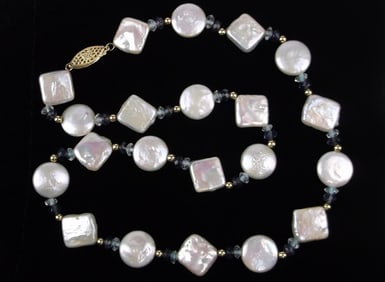 Mint 14kt Gold Tanzanite Pearl Aquamarine Necklace 18"