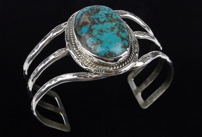 Mint Big 1970s Navajo Elaine Sam Sterling Turquoise Cuff Bracelet