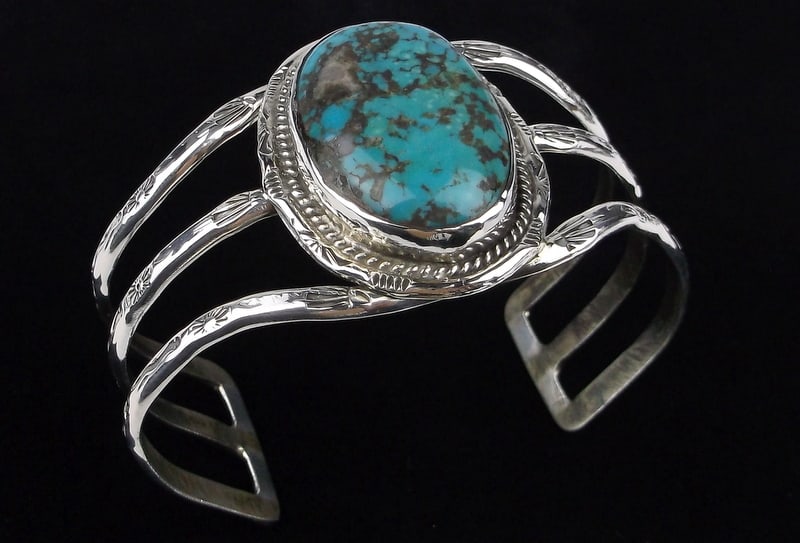 Mint Big 1970s Navajo Elaine Sam Sterling Turquoise Cuff Bracelet (1 of 8)