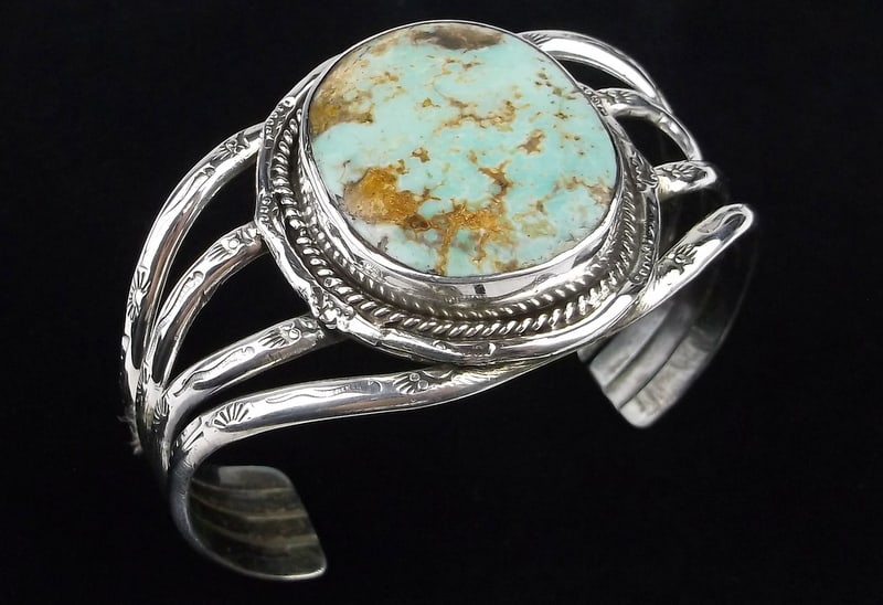 Mint Big 1970s Navajo Elaine Sam Sterling Turquoise Cuff Bracelet (1 of 8)