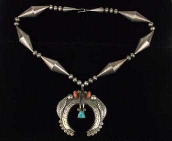 RARE HUGE 1960 Choctaw Art Lewis Sterling Squash Bear Necklace 26"