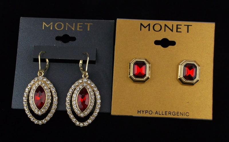 2 New Sets Monet Ruby Red Rhinestone Earrings Lot: new condition