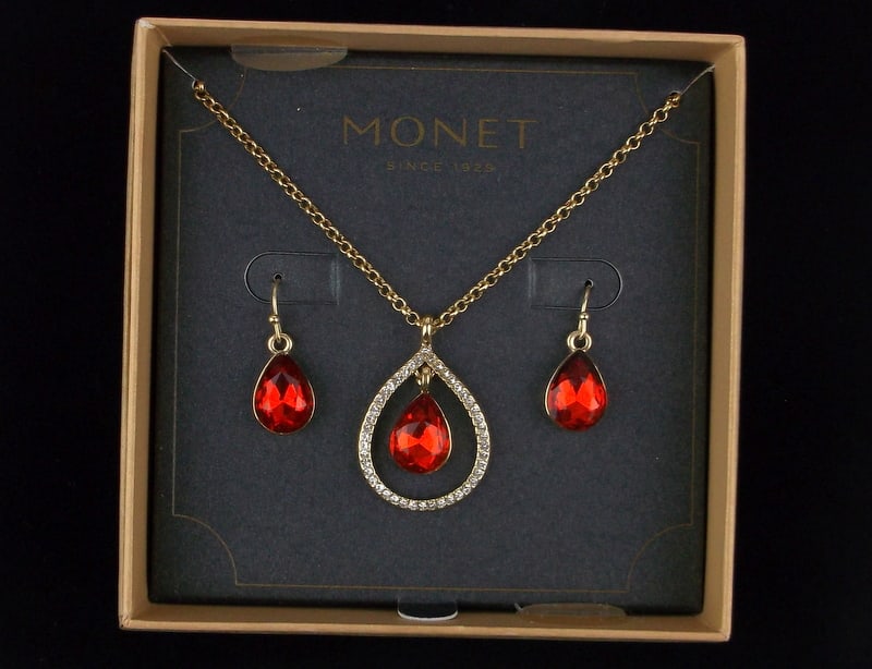 New Boxed Monet Ruby Red Rhinestone Necklace Earrings 20": new condition