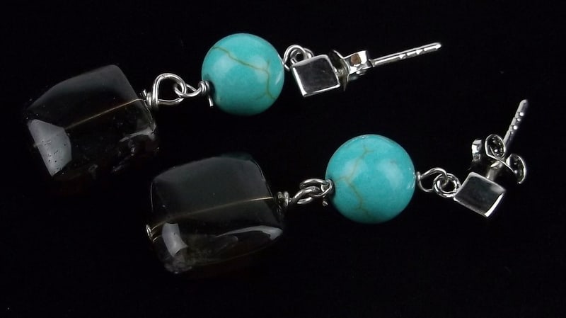 New Sterling Silver Turquoise Smokey Quartz Drop Earrings (1 of 2)