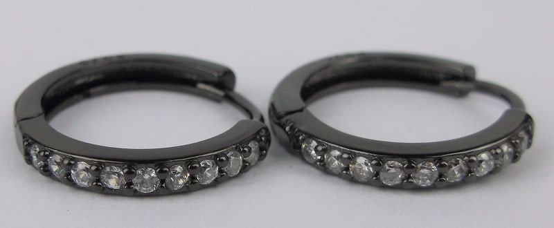 New Sterling Silver Black Carbon Style Hoop Earrings: Solid Sterling Silver Guaranteed, in Brand New Never Worn Condition.