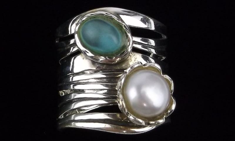 Mint Big Thick Vint Designer Sterling Turquoise Pearl Ring 7.5 (1 of 3)