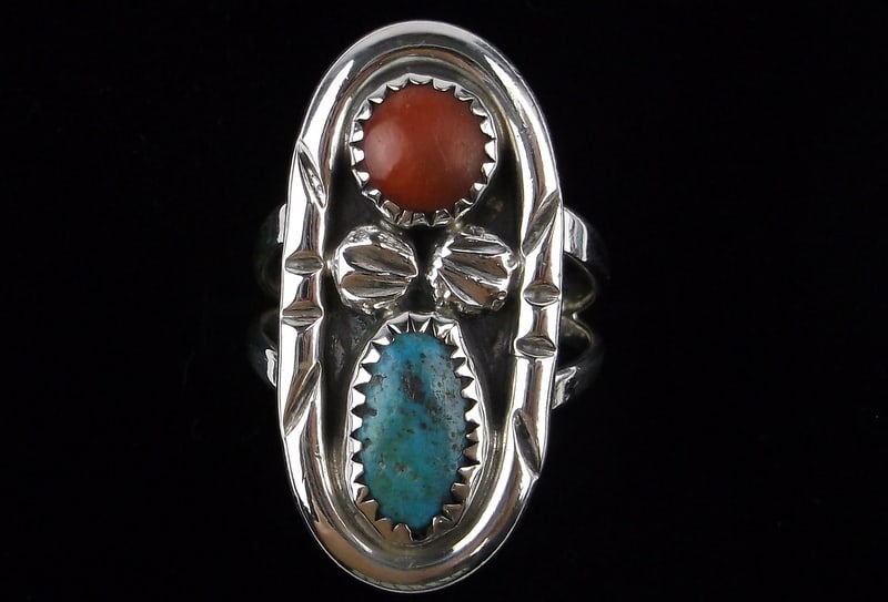Mint 1960s Navajo Atkinsons Begay Sterling Turquoise Coral Ring 7.5 (1 of 2)