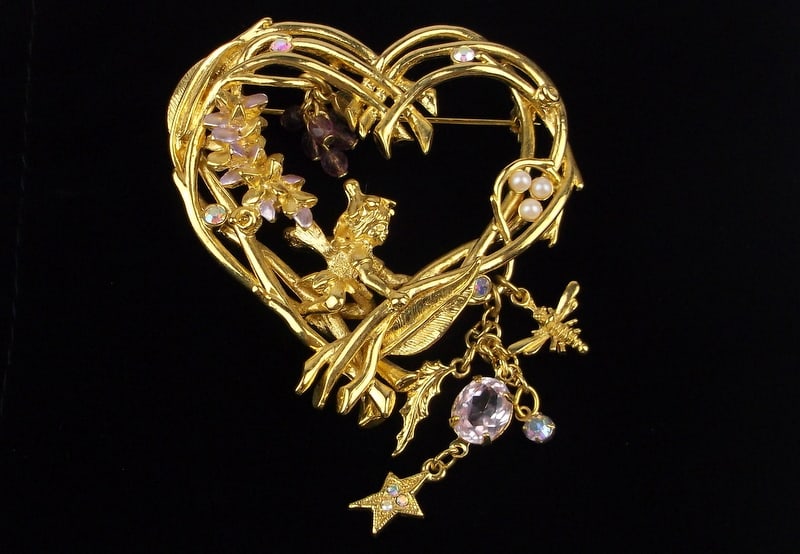 Big New Vint Kirks Folly Wisteria Fairy Rhinestone Heart Brooch (1 of 4)
