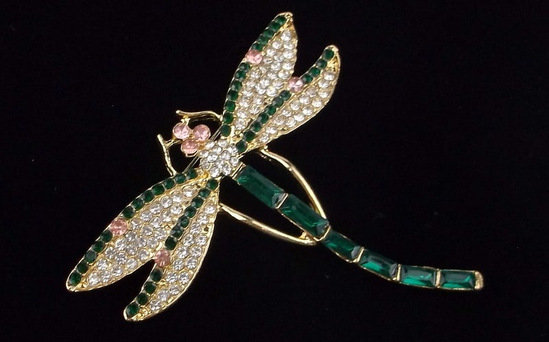 Mint Enameled Rhinestone Dragonfly Brooch Life Size (1 of 2)