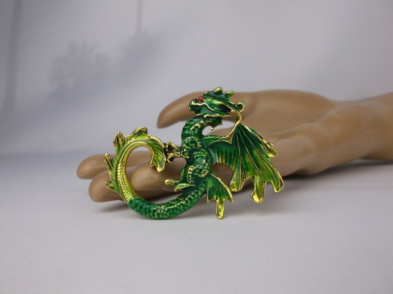 Mint Enameled Rhinestone Dragon Brooch - 2