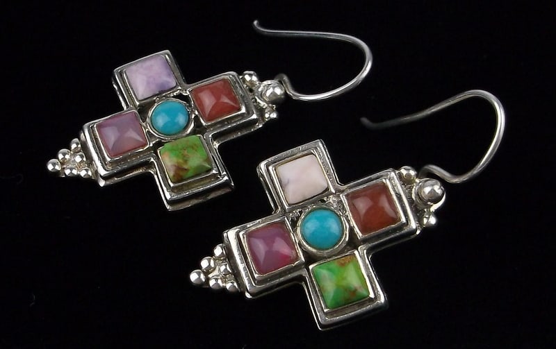 Mint Thick Vint Sterling Silver Turquoise Gaspeite Cross Earrings (1 of 2)