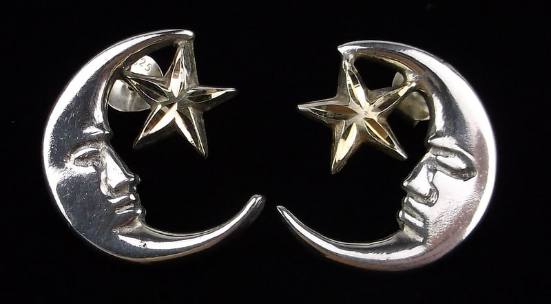 Mint Vint Thick 1960s Taxco Sterling Silver Moon Stars Earrings: Guaranteed Solid 925 Sterling Silver, in Excellent Condition