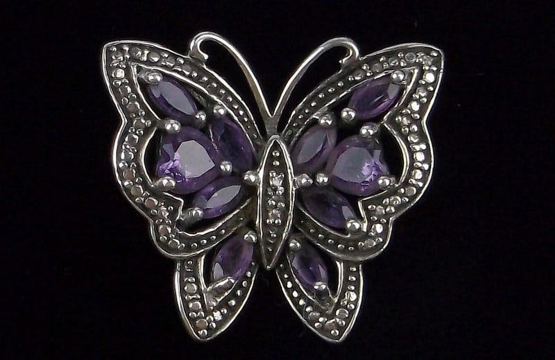 Mint Vintage Designer Sterling Silver Amethyst Butterfly Pendant: Guaranteed Solid 925 Sterling Silver, in Excellent Condition