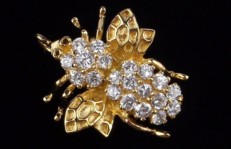New Vint Thick Gold Over Sterling Crystal Bee Brooch Pendant (1 of 3)