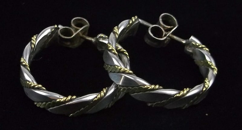 Mint Vint Thick Taxco Sterling Silver Brass Hoop Earrings: Guaranteed Solid 925 Sterling Silver, in Excellent Condition