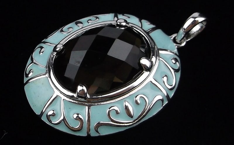 New Designer Enameled Sterling Silver Smokey Quartz Pendant (1 of 2)