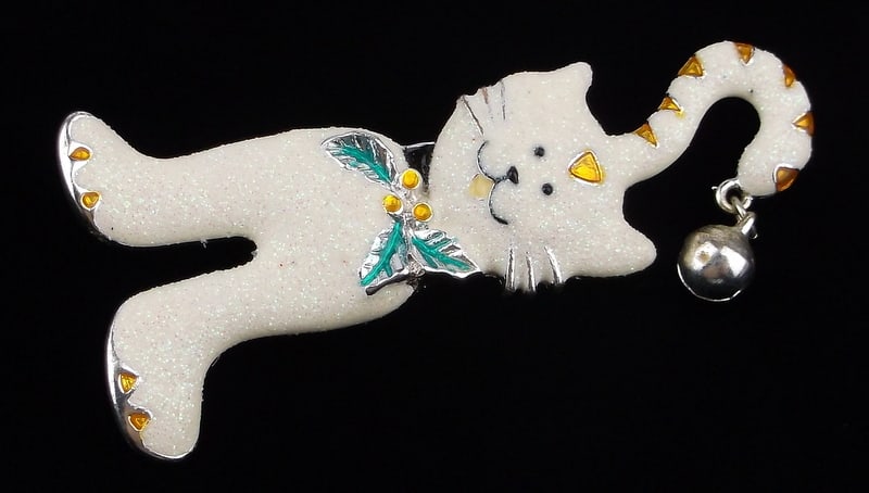 Mint Vintage Enameled Bell Christmas Cat Brooch (1 of 2)