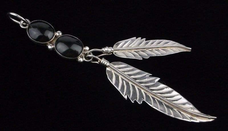 Mint Big Navajo Calvin Spencer Sterling Onyx Feather Pendant: handmade Navajo Sterling Silver in Excellent Condition or better