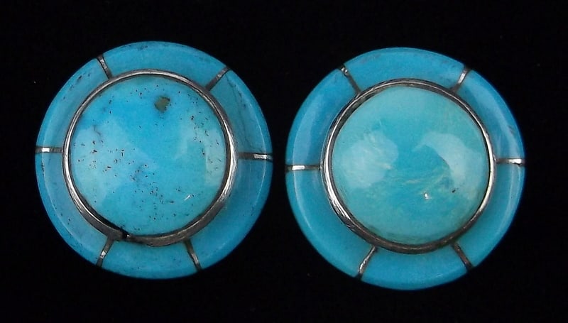 Big Mint Vint Zuni Sterling Silver UFO Disc Turquoise Earrings: Zuni handmade sterling silver in excellent condition