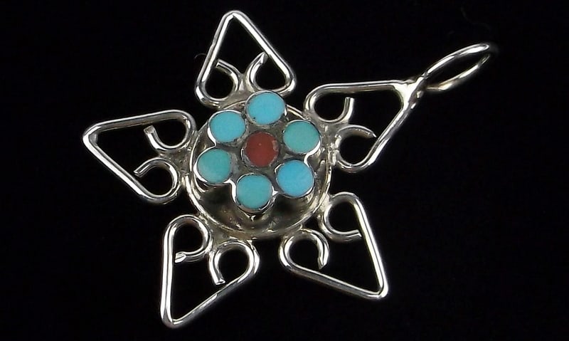 Mint Vintage Bali Sterling Silver Turquoise Red Coral Pendant: Guaranteed Solid 925 Sterling Silver, in Excellent Condition