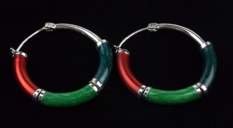 Stunning Vintage Big Sterling Silver Enameled Hoop Earrings (1 of 2)