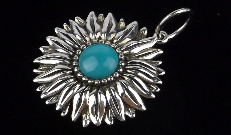 New Designer Sterling Silver Turquoise Sunflower Pendant: Solid Sterling Silver Guaranteed, in Brand New Never Worn Condition.