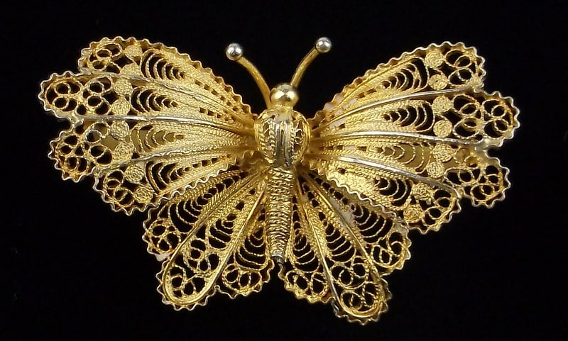 Mint 1960s 800 Gold Over Sterling Silver Filigree Butterfly Brooch: Guaranteed Solid 925 Sterling Silver, in Excellent Condition