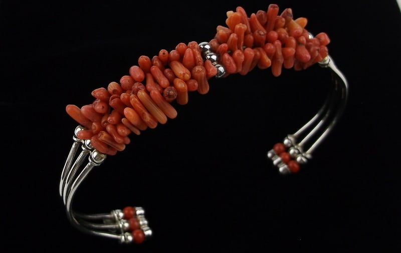 Mint Vint Designer Sterling Silver Red Coral Cuff Bracelet 6-8" Fit: Guaranteed Solid 925 Sterling Silver, in Excellent Condition
