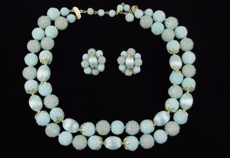 Mint Vint 1950s Frosted Baby Blue Necklace Earrings Set 18": Mint Condition, In Like New Condition, Perfect