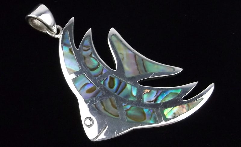 Big Mint Thick Vint CFJ Taxco Sterling Silver Abalone Fish Pendant: Guaranteed Solid 925 Sterling Silver, in Excellent Condition