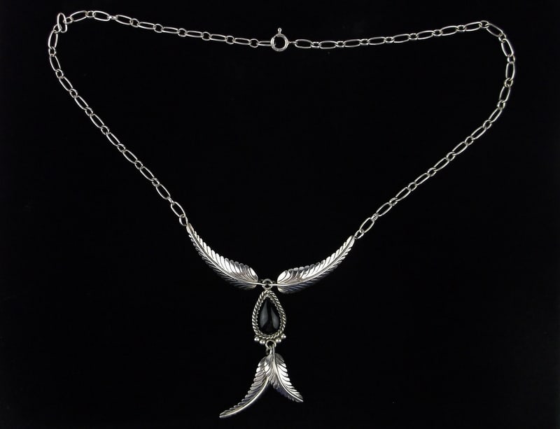 Mint Navajo Elsie Yazzie Sterling Silver Onyx Feather Necklace 16": handmade Navajo Sterling Silver in Excellent Condition or better
