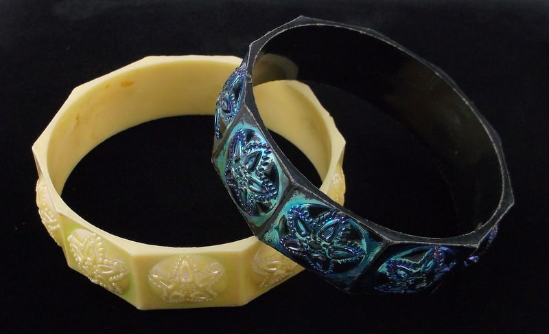 2 Stunning 1950s Celluloid Luster Bracelet Set 7.75": excellent condition