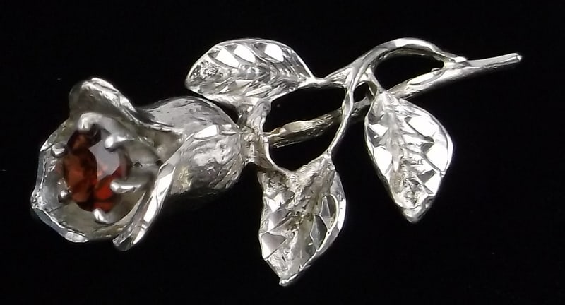 Mint Vintage Thick Sterling Silver Garnet Rose Pendant: Guaranteed Solid 925 Sterling Silver, in Excellent Condition