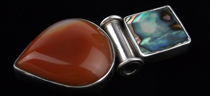 Mint Big Heavy Taxco Sterling Silver Fire Agate Abalone Pendant: Guaranteed Solid 925 Sterling Silver, in Excellent Condition