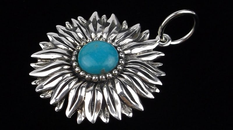 New Thick Designer Sterling Silver Turquoise Sunflower Pendant: Solid Sterling Silver Guaranteed, in Brand New Never Worn Condition.