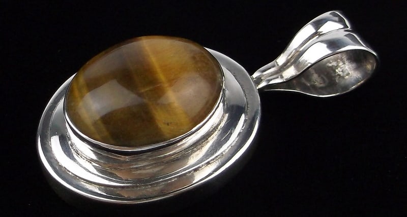 Mint Vintage Thick Heavy Taxco Sterling Silver Tigers Eye Pendant: Guaranteed Solid 925 Sterling Silver, in Excellent Condition