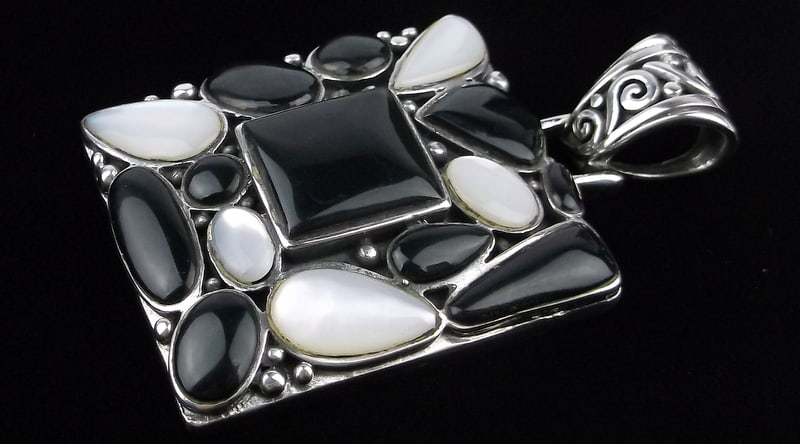 Mint Big Heavy Vint Designer Sterling Silver MOP Onyx Pendant: Guaranteed Solid 925 Sterling Silver, in Excellent Condition