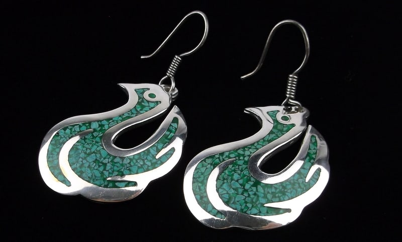 Big Mint Heavy 1970s Taxco Sterling Turquoise Bird Earrings TR63: Guaranteed Solid 925 Sterling Silver, in Excellent Condition