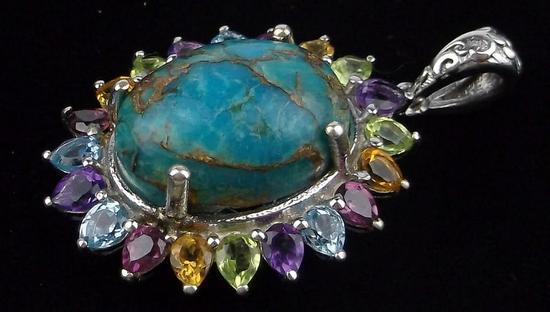New Big Heavy Designer Sterling Turquoise Topaz Gem Pendant: Solid Sterling Silver Guaranteed, in Brand New Never Worn Condition.