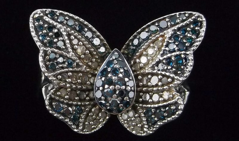 Mint Big Vint Designer Sterling Blue White Diamond Butterfly Ring 8: Guaranteed Solid 925 Sterling Silver, in Excellent Condition