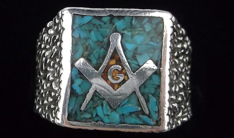 Mint Heavy 1950s Maisels Navajo Sterling Turq Masonic Ring 11: handmade Genuine Navajo Sterling Silver in Excellent Condition
