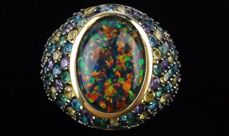 Mint Vint Heavy Designer Gold Over Sterling Opal Gem Ring 6: Guaranteed Solid 925 Sterling Silver, in Excellent Condition