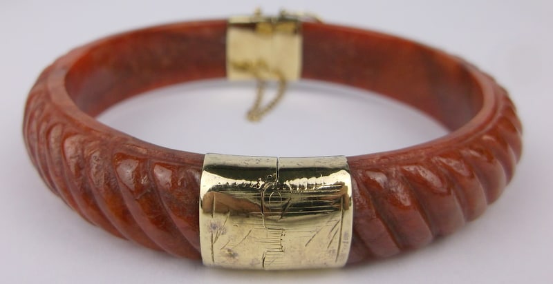 Mint Vint Big Gold Over Sterling Silver Red Jade Bracelet 7.5": Guaranteed Solid 925 Sterling Silver, in Excellent Condition