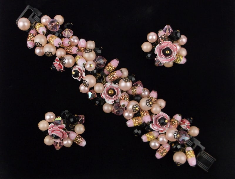 Mint 1950s Hattie Carnegie Czech Glass Bracelet Earrings 7.5" Set (1 of 4)