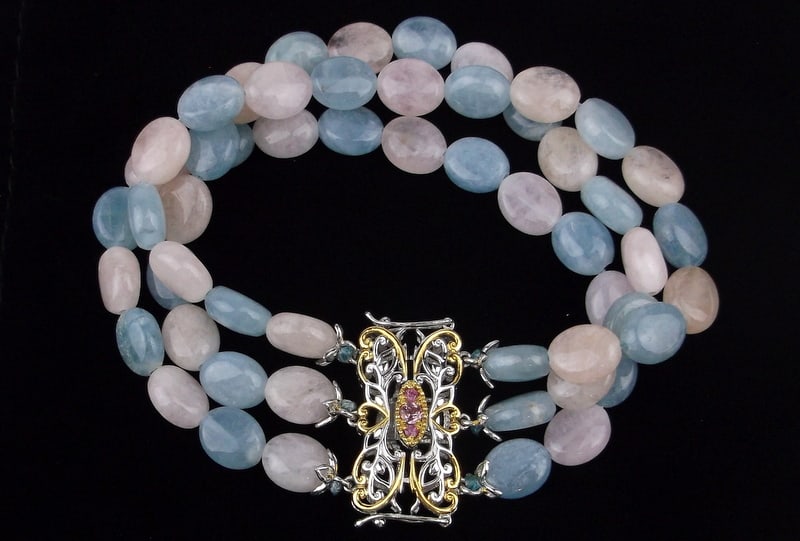 New Big Designer Sterling Aquamarine Rose Quartz Bracelet 7.75: Solid Sterling Silver Guaranteed, in Brand New Never Worn Condition.