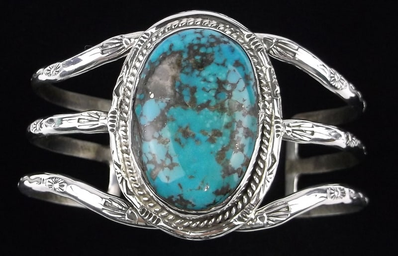 Mint Big 1970s Navajo Elaine Sam Sterling Turquoise Cuff Bracelet: A Big Heavy Mint Condition Rare Early Years 1970s Elaine Sam Navajo Handmade Sterling Silver Turquoise Cuff bracelet that will fit wrist size 7-9 inch with gentle adjustment. Hard to find Elaine Sams