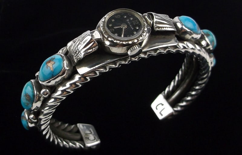 Mint HEAVY 1960s Navajo Cecil Lee Sterling Turquoise Watch Cuff: A Super Thick and Heavy Vintage 1960s Mint Condition Handmade Navajo Cecil Lee Sterling Silver Turquoise Watch Cuff Bracelet with a Working Great Bulova Watch. Signed CL as Shown on both tips of the c