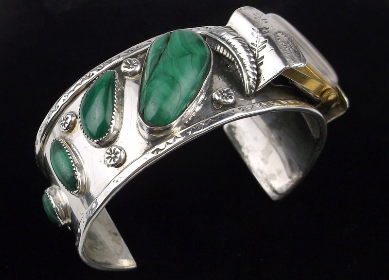 HUGE Navajo Cea Brown Sterling Malachite Watch Cuff Bracelet 150g: A Huge Super Heavy (150 grams weight includes stones and watch) Navajo Handmade Cea Brown Sterling Silver Malachite Watch Cuff Bracelet that fits 8-9.5 inch wrist in excellent condition and signed. Wa