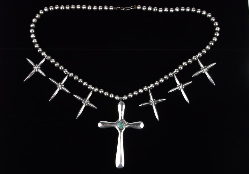 HUGE 1960s Hopi Morris Robinson Sterling Cross Necklace 24" Turquoise: A Huge Vintage 1960s Mint Condition Hopi Morris Robinson Sterling Silver Heavy Turquoise Multi Cross Necklace 24 inch length. Huge statement piece, very rare and made by one of the best Hopi Cross Nec